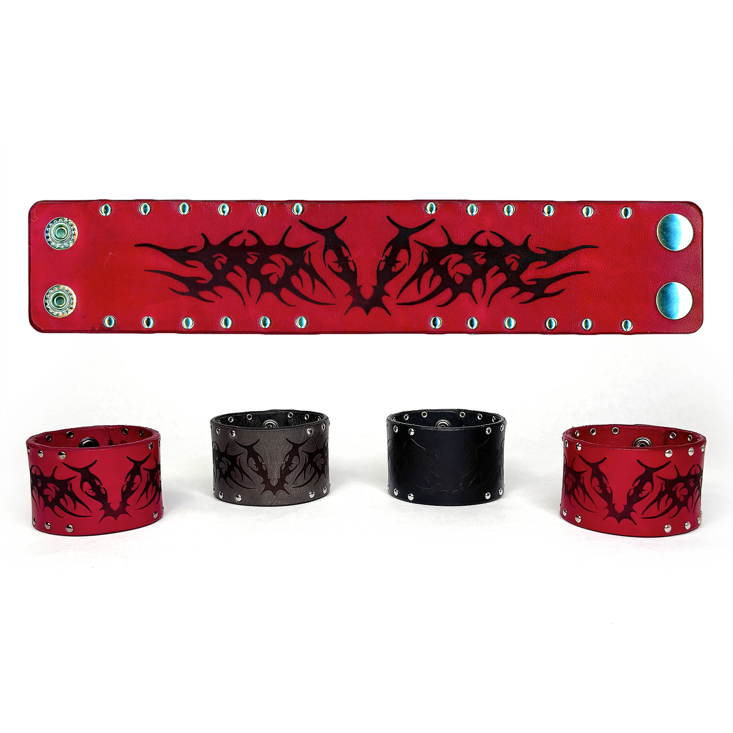 LEATHER ‘V’ BRACELET CUFF - CRIMSON [SILVER]
